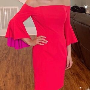 Calvin Klein Vibrant Hot Pink (almost red)/Purple Off-Shoulder Dress